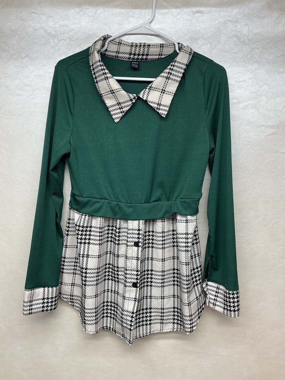 SHEIN Plaid Contrast Collar 2-in-1 Ribbed Long Sleeve Top
